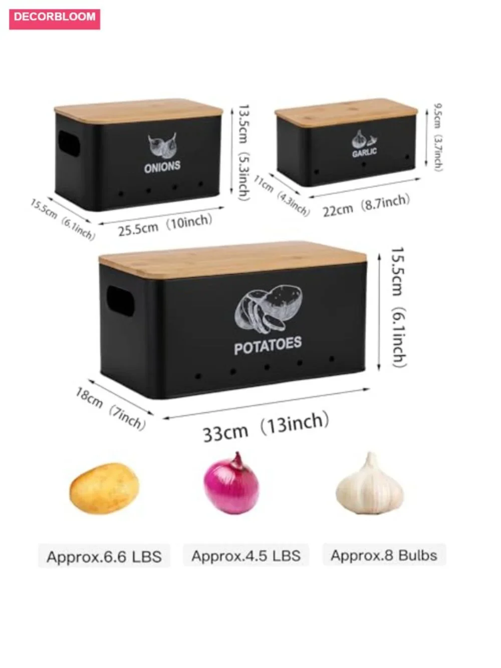 Metal Onion Garlic Potato Storage Set with Bamboo Lids, 3 Canisters with